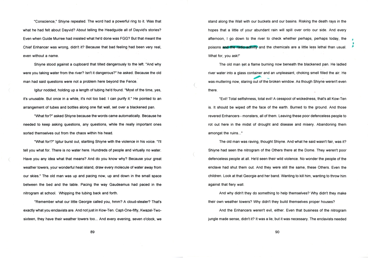 Manuscript pages from Jenny Robson’s novel <em>The Denials of Kow-Ten</em>, 1998, set in a dystopia where water is controlled by the powerful.