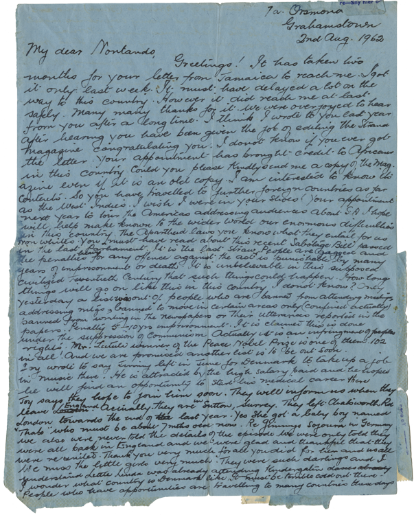 This letter, from L.D. Mahlasela of Grahamstown, was forwarded via various addresses before it eventually reached Jabavu in Ireland. Mahlasela congratulates Jabavu on her editorship of <em>The New Strand</em>, and on her continued travels.  “So you have travelled to further foreign countries as far as the West Indies. I wish I were in your shoes! Your appointment next year to tour the Americas addressing audiences about SA I hope will help make known to the wider world our enormous difficulties in this country.”
