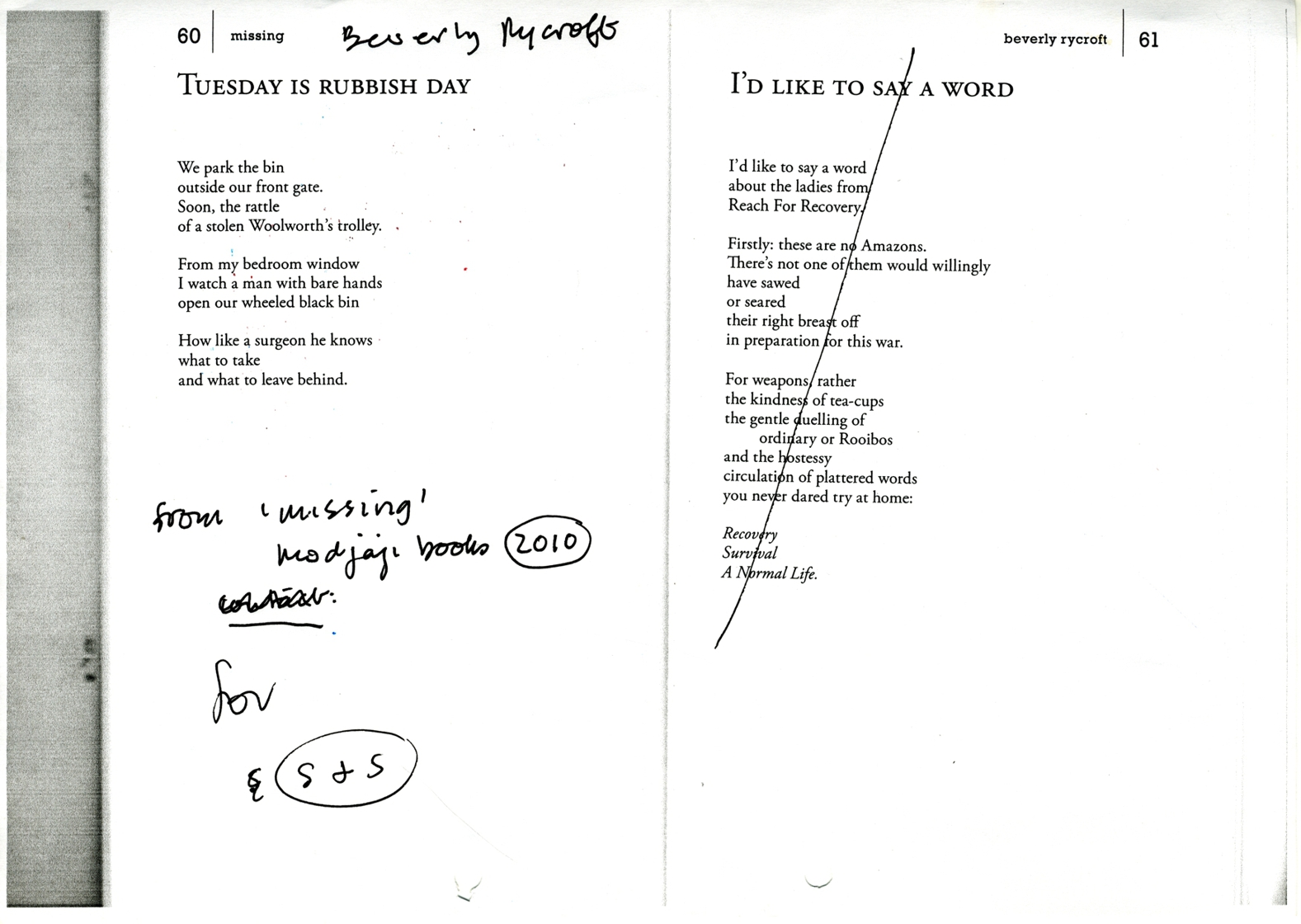 Manuscript of Beverly Rycroft’s poem ‘Tuesday is Rubbish Day’, 2010.