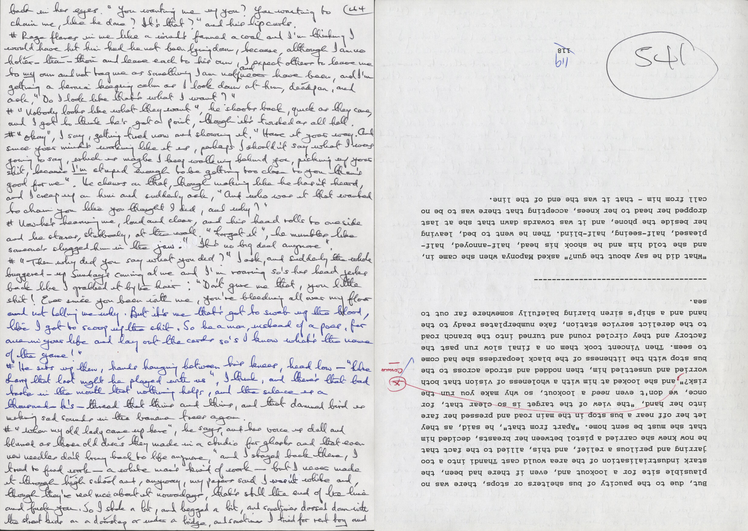 Here the character Buddy Da Silva confesses to his directionless life and to not being white. The manuscript was written on the typed-up manuscript of Afrika’s novel The Innocents. Turning the page, the typed page is upside-down to the handwritten script. 