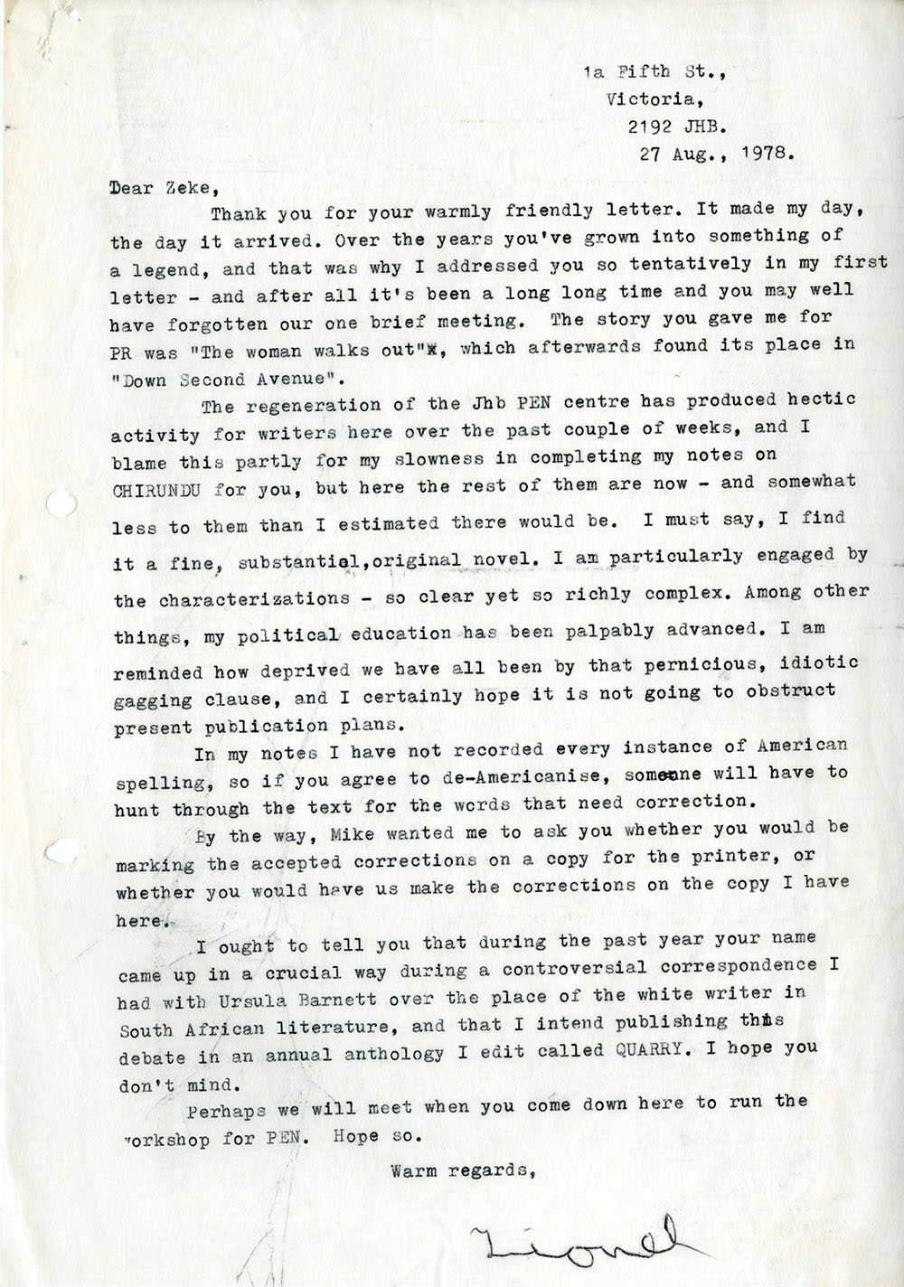 Correspondence between Mphahlele and Lionel Abrahams, who edited <em>Chirundu</em>. Abrahams was a respected South African writer.