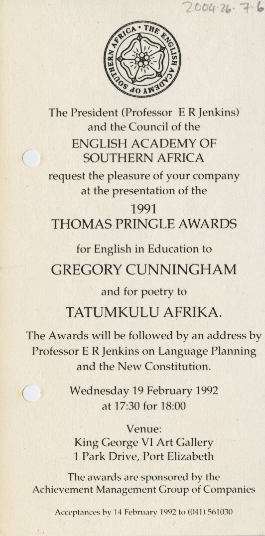 ‘The Funeral of Anton Fransch’ won both the Sydney Clouts Memorial Prize and the Thomas Pringle Award in 1991. Marge Clouts, widow of Sydney Clouts, started corresponding with Afrika shortly after.