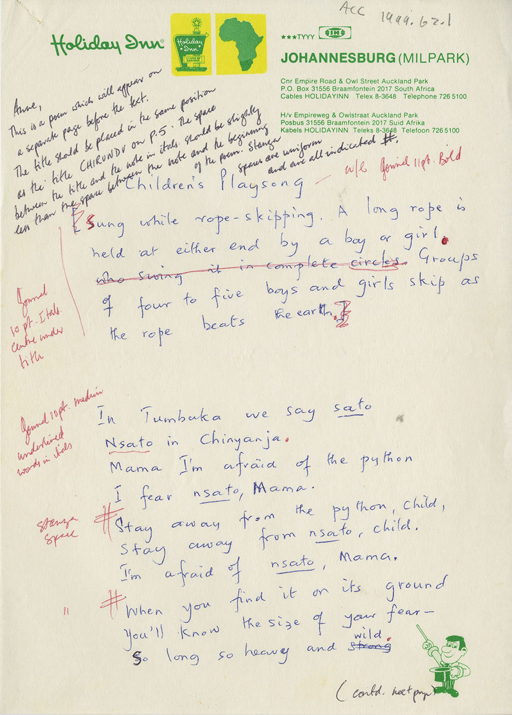 Editorial notes in Mphahlele’s hand to the publishers of <em>Chirundu</em>, including the traditional poem he wishes to appear as a frontispiece to the novel; and the poem as it appears in an advanced proof.