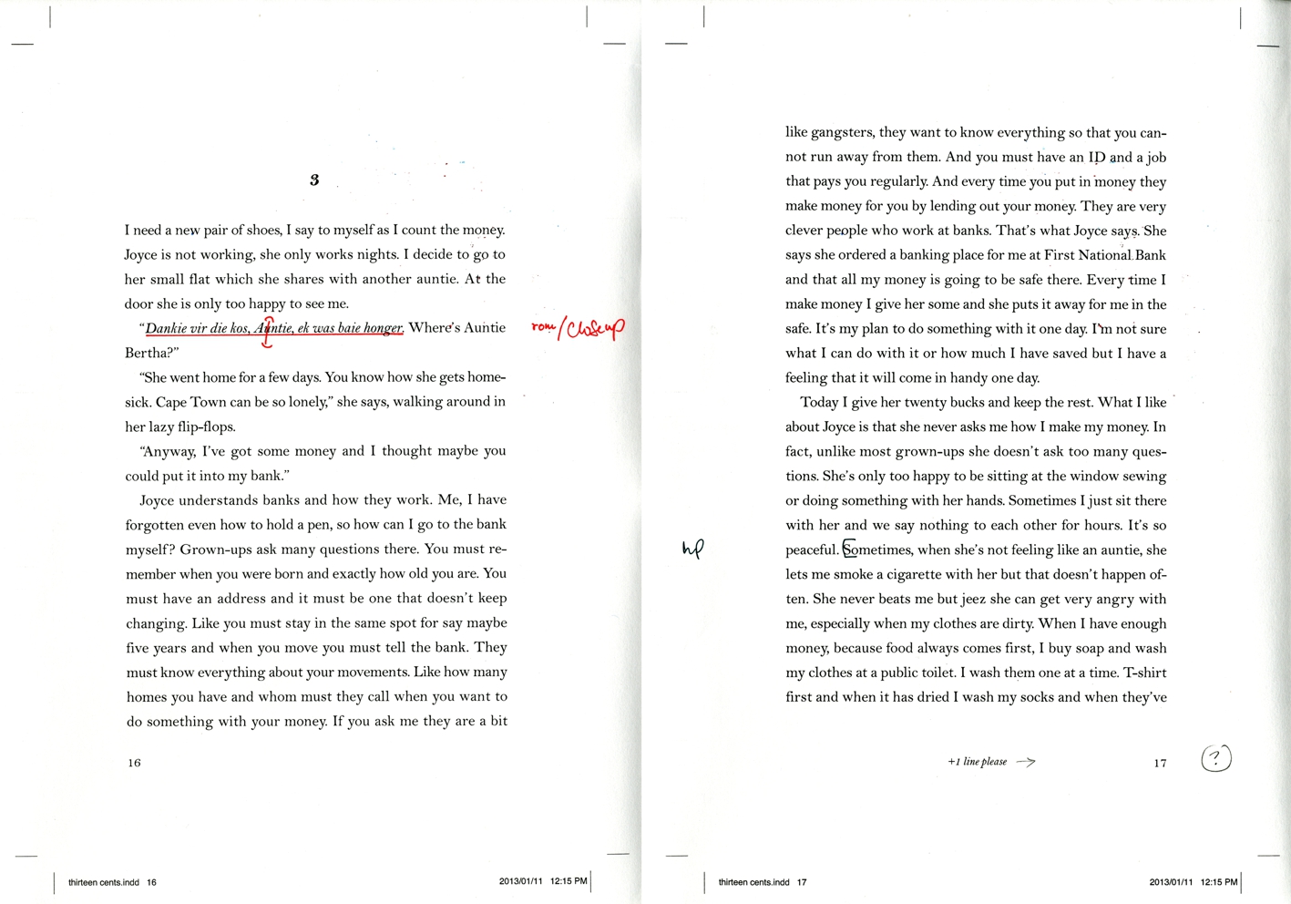 Manuscript pages from K. Sello Duiker’s novel <em>Thirteen Cents</em>, which tells the story of street child Azure, against the background of the governance systems that drive the present social-ecological crisis.