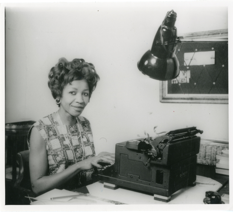 Noni Jabavu is a focus of Xaba's academic research. Jabavu was the first black woman to become editor of an important British literary journal, <em>The New Strand</em>. Here she is pictured at her editor's desk in 1961.