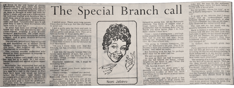 Jabavu details a bizarre encounter with the notorious apartheid-era police ‘Special Branch’. <em>Daily Dispatch</em>, Wednesday 2 February 1977. Cory Library / Rhodes University.