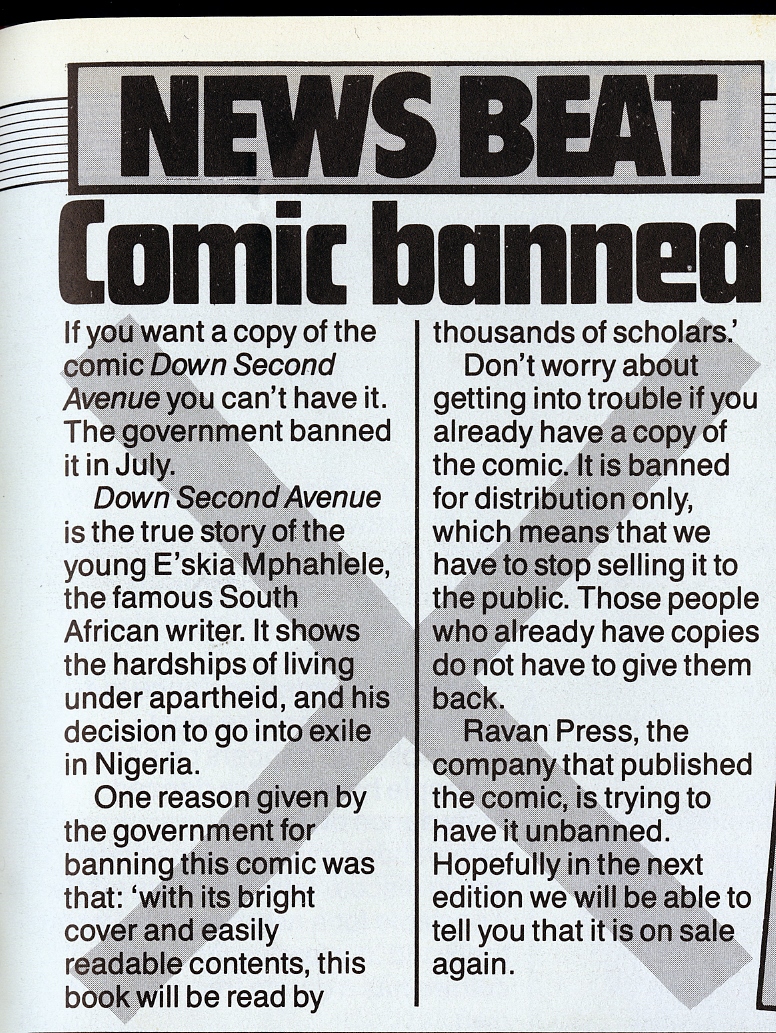 A 1988 article from the youth magazine <em>Upbeat</em> on the banning of the graphic version of <em>Down Second Avenue. </em> 