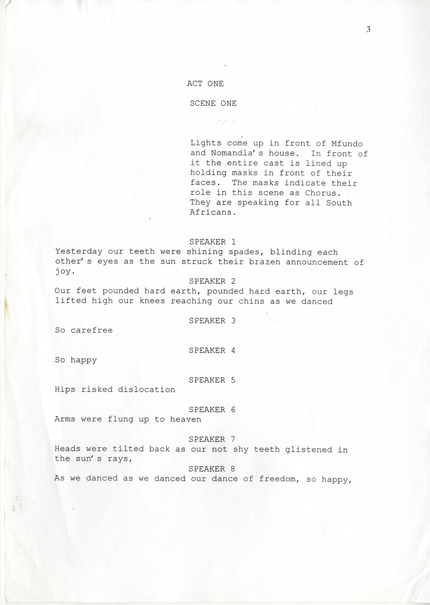 Page from a draft typescript of the play <em>Vukani!</em>.