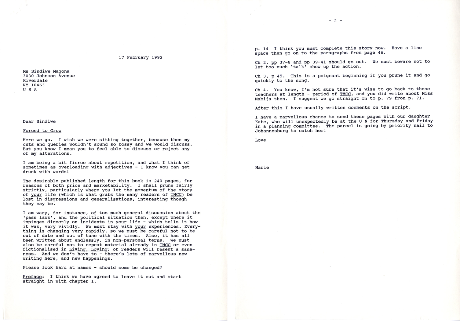 Letter from Magona’s publisher Marie Phillip with corrections for Magona’s second autobiography <em>Forced to Grow</em>.
