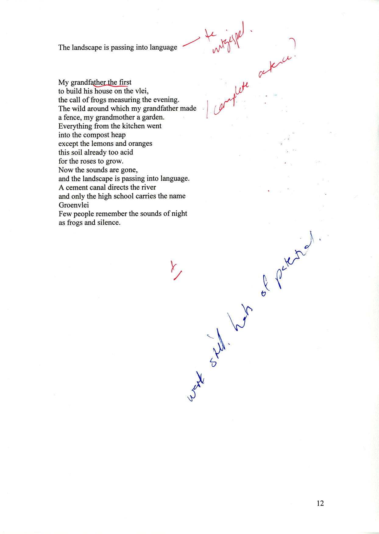 Manuscript draft of Gabeba Baderoon’s poem ‘Landscape is Passing into Language’, 2006.