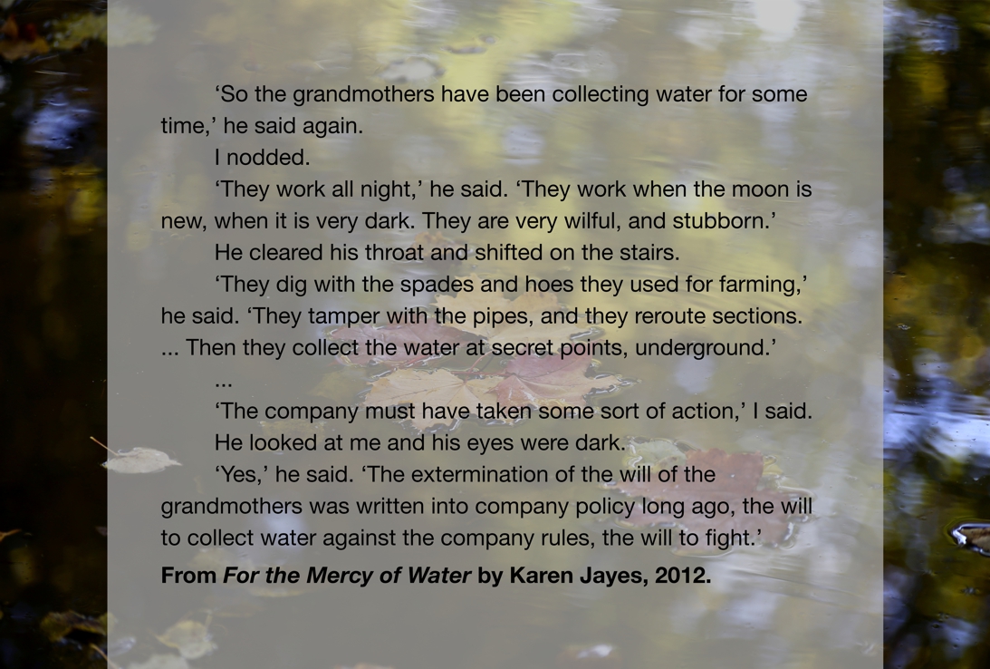 Karen Jayes’s <em>For the Mercy of Water</em> considers the political, humanitarian and ecological ramifications of water scarcity. The supply of water is controlled by corporations and people are thus forced to ‘steal’ water.