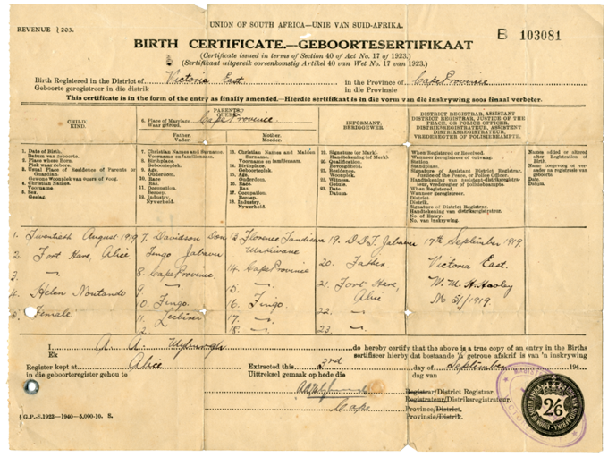 Noni Jabavu’s birth certificate.