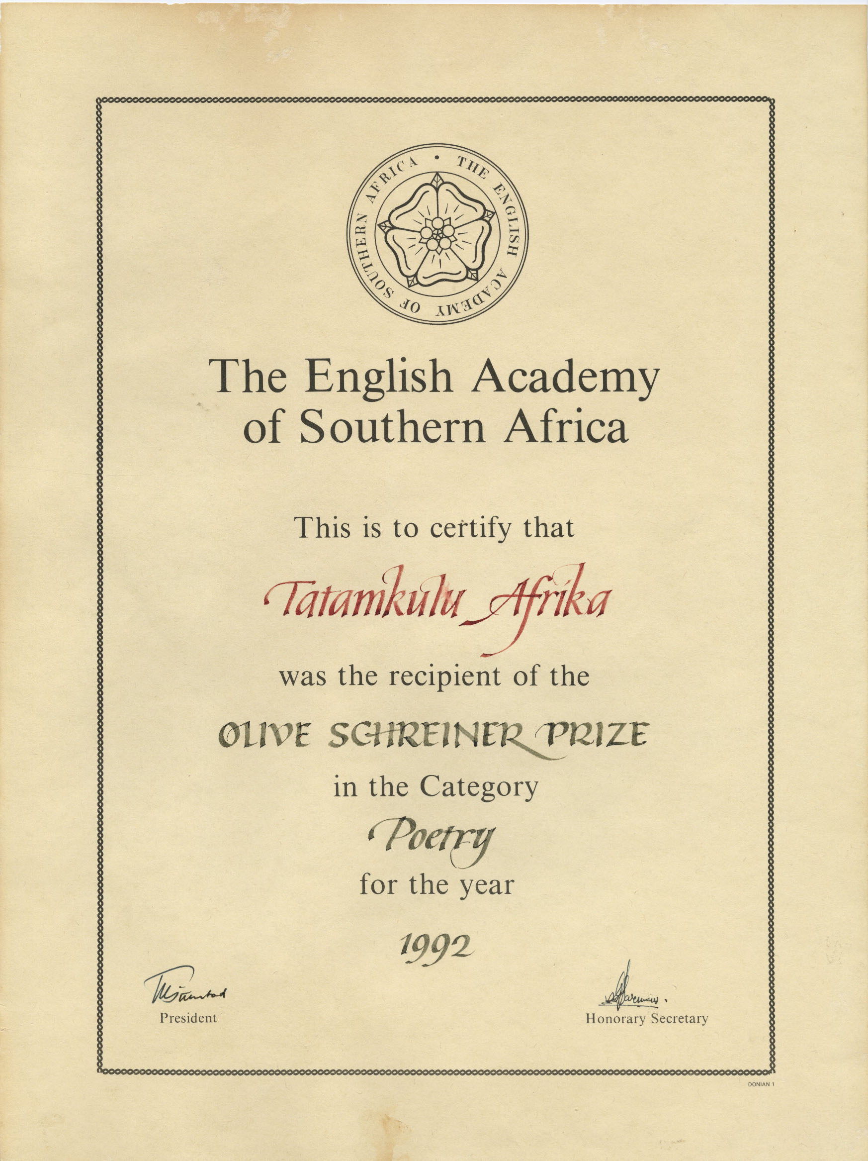 Afrika won many of South Africa’s important literary awards, including the Arthur Nortje Award, the Sydney Clouts Memorial Prize, the Thomas Pringle Award, the CNA Literary Award, the Olive Schreiner Prize for Poetry, the Sanlam Literary Award (unrestricted category) and the Molteno Medal (gold) for lifetime services to literature.