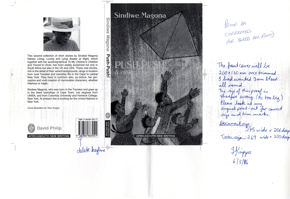 Draft cover design for the collection <em>Push-Push! and Other Stories</em> with notes by the artist who made the cover illustration, J. Kupper.