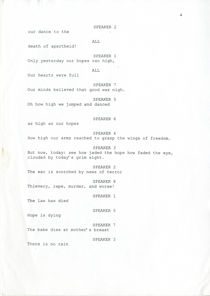 Page from a draft typescript of the play <em>Vukani!</em>.